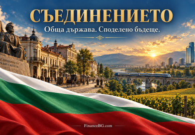 Илюстрация с български трибагреник, исторически сгради, влак и съвременен град, символизираща икономическото развитие.
