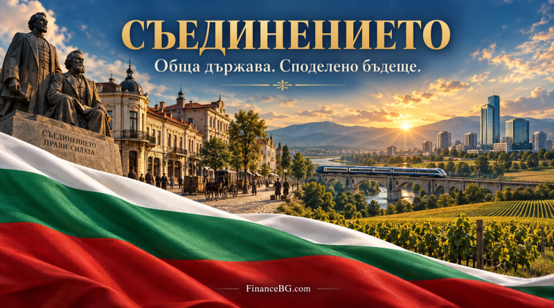 Илюстрация с български трибагреник, исторически сгради, влак и съвременен град, символизираща икономическото развитие.